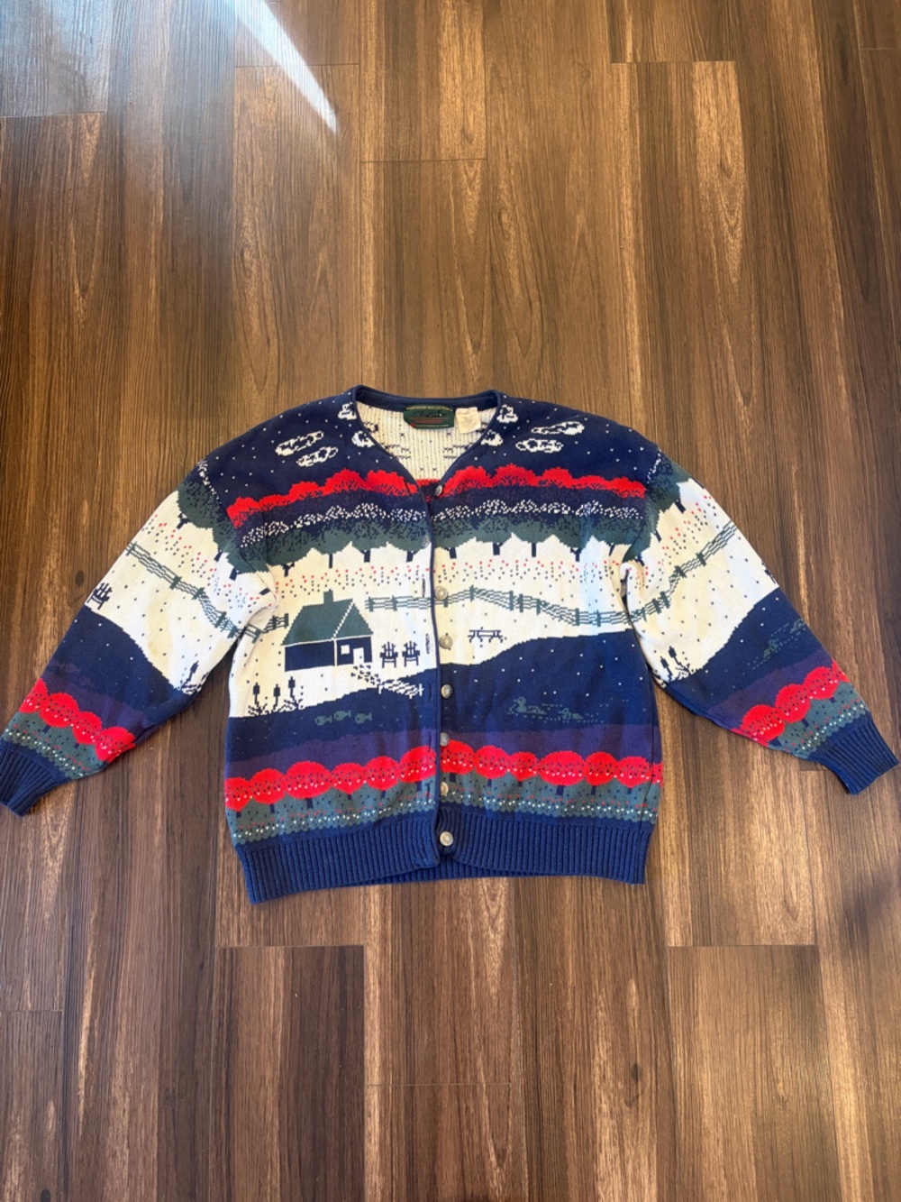 1990s Northern Reflections Navy, Cream & Red Fair Isle Village Cardigan